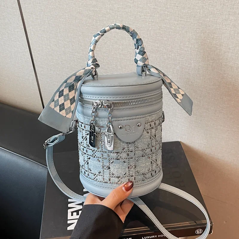 

​​"2025 newWomen's Denim Tote Bag Retro Cylinder Bucket Purse Adjustable Shoulder Strap Cute Mini Crossbody for Daily Use"​