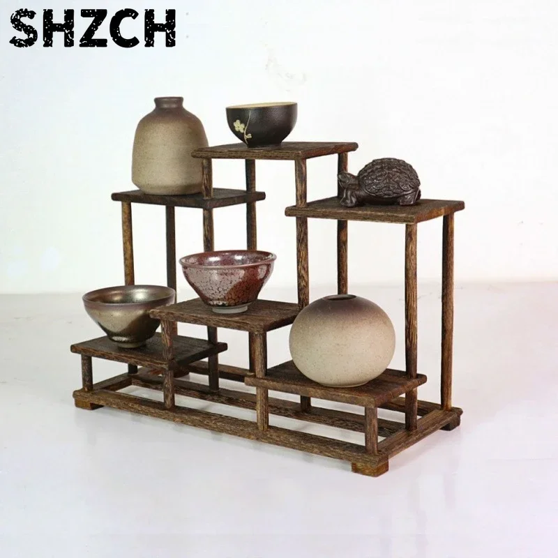 New Chinese Style Small Desktop Antique Shelf Duobaoge Solid Wood Tea Set Small Shelf Retro Tea Cup and Teapot Display Shelf