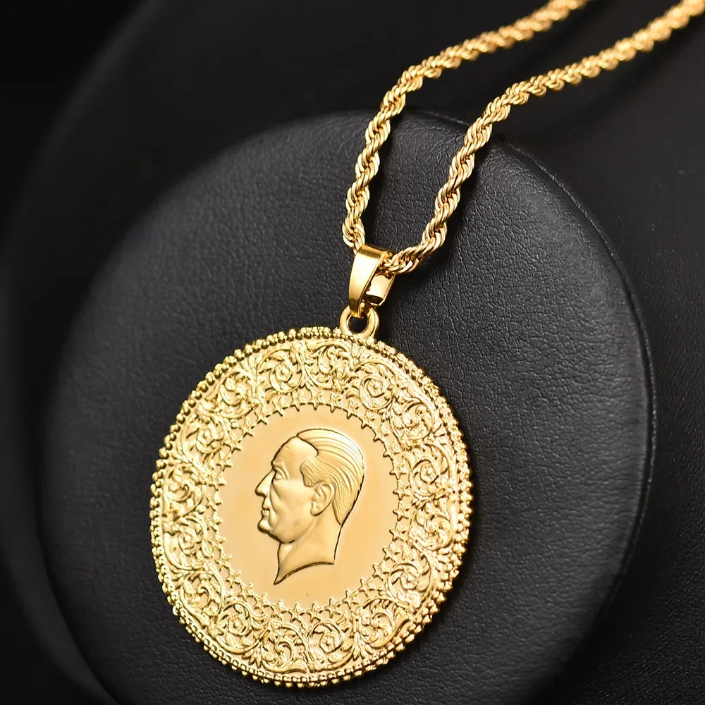 Three Size Muslim Islam Turkey Ataturk Pendant Allah Arab Necklaces for Women Gold Color Turkish Coins Jewelry Ethnic Gifts