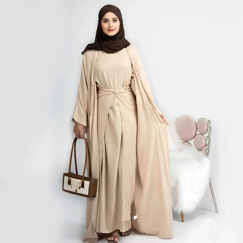 3 Piece Abaya Set Ramadan Eid Islamic Clothing Muslim Woman Satin Matching Hijab Kimono+Inner Dress+Wrap Tie Skirt Dubai Outfits