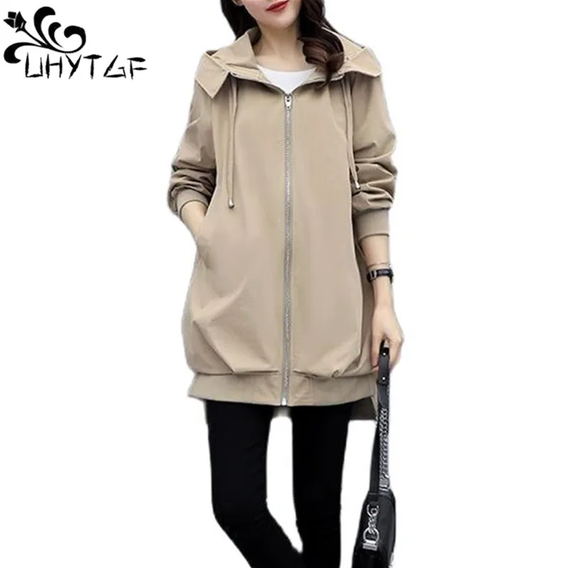 

UHYTGF Trench Coat Women Korean Loose Hooded Jacket Female Mid-Length Spring Autumn Windbreaker Ladies Large Size Outewear 2674