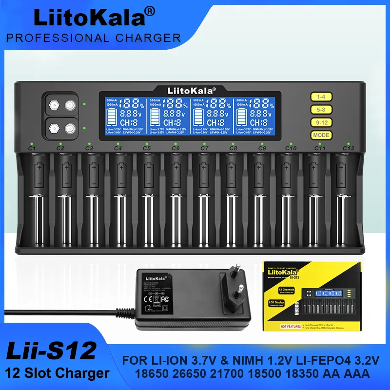 Liitokala-ライオンバッテリー充電器、Lii-S12、Lii-S8、18650、20700、26650、21700、14500、10440、16340、aa、aaa、1.2v、3.7v、4.2v