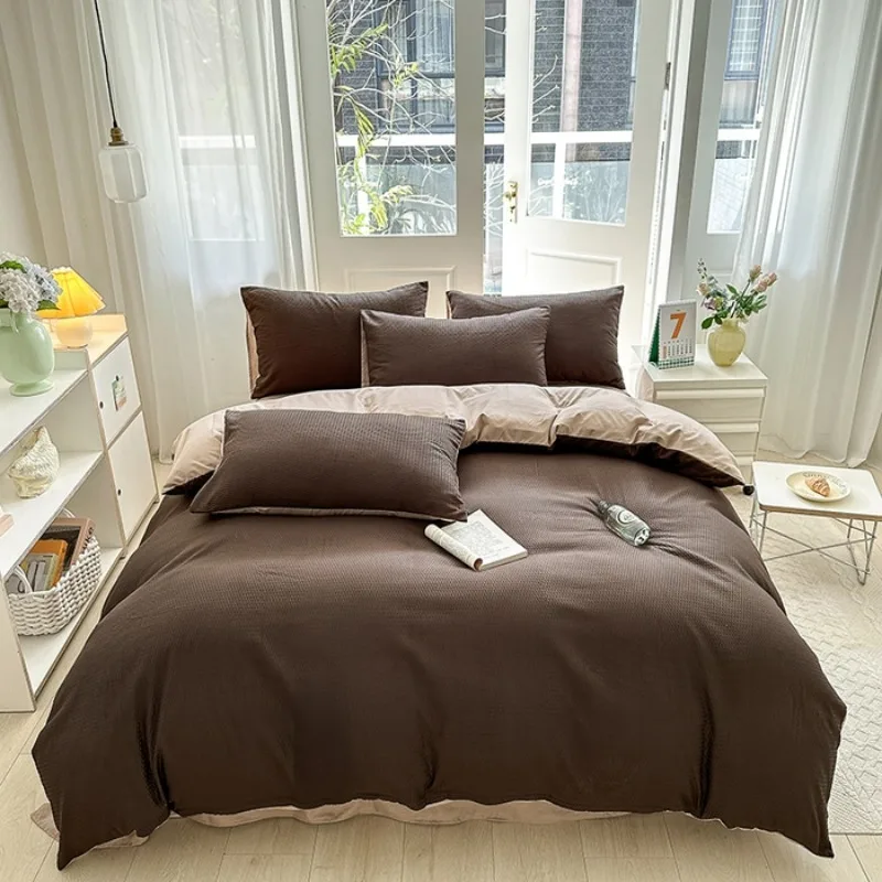 

2025 new solid color cloud double spell three-piece set, student dormitory AB version waffle washed cotton four-piece set
