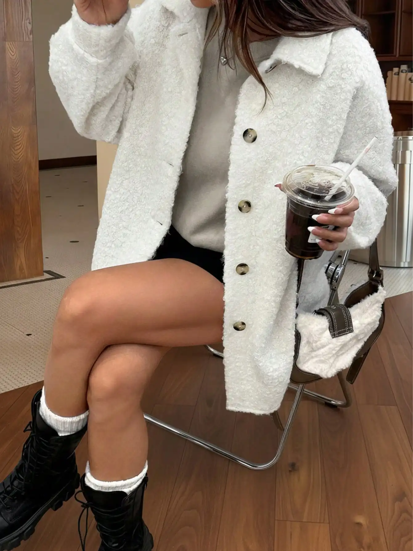 

White Fuzzy Knit Women's Single-Breasted Jacket for Fall Winter