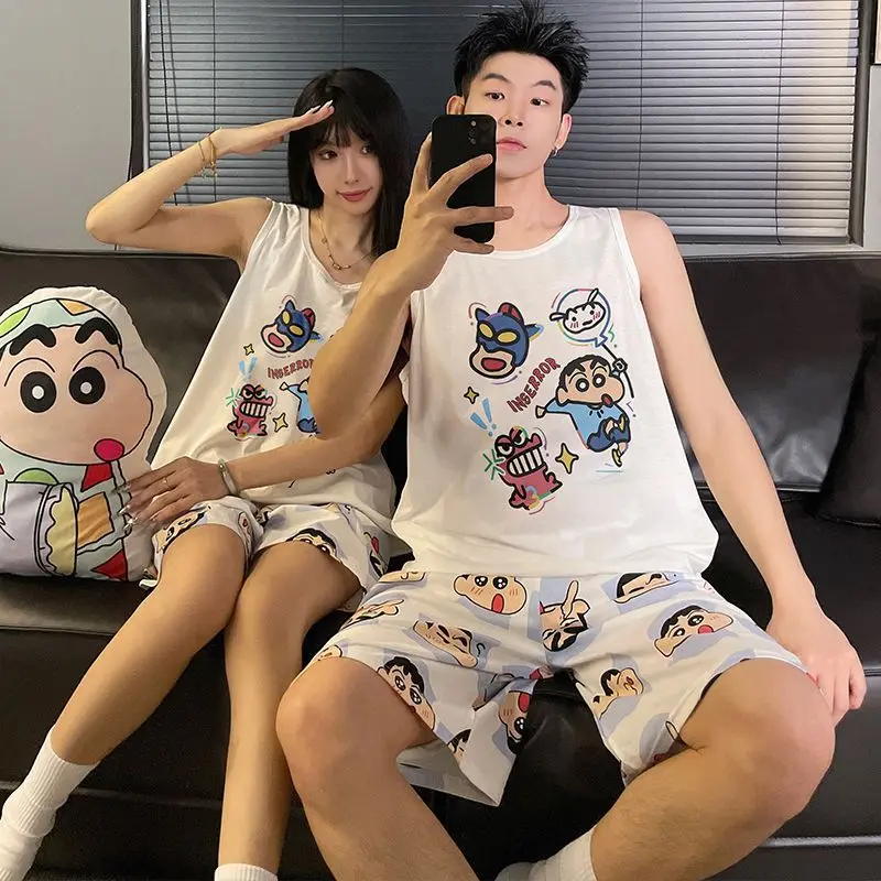 Conjunto de Ropa de Casa de Dibujos Animados para Hombre y Mujer, Pijamas de Pareja, Crayon Shin Chan, Estilo Nuevo de Verano, Camiseta sin Mangas y Pantalones Cortos de Algodón