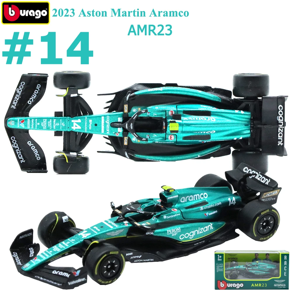 1/43 Bburago 2023 Aston Martin Aramco Team AMR23 Modelo de corrida # 14 pneus de borracha fundidos para motorista Fernando Alonso