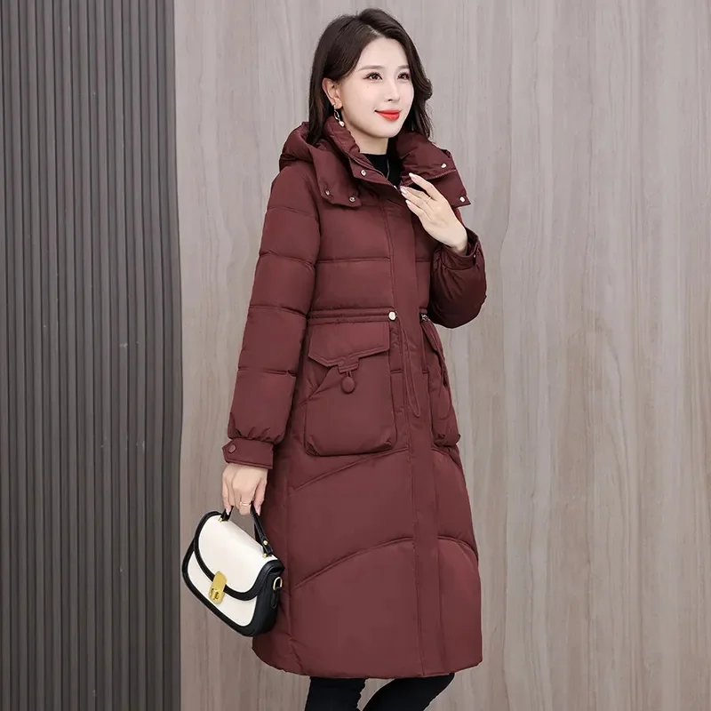 Piumino invernale in cotone con cappuccio Parka da donna Nuovo cappotto imbottito in pane caldo lungo spesso casual allentato Capispalla femminile impermeabile T756