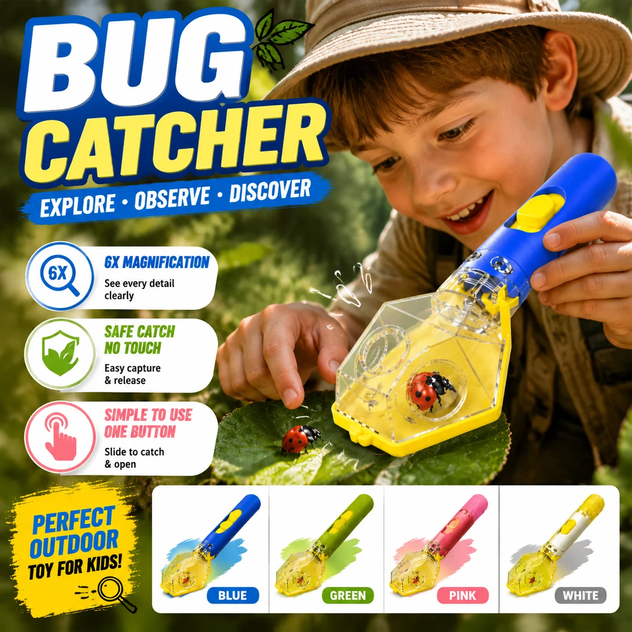Jouet éducatif pour attraper les insectes en plein air avec loupe 6X, capture des insectes sans contact, utilisation d'une seule main, jouet d'exploration de la nature