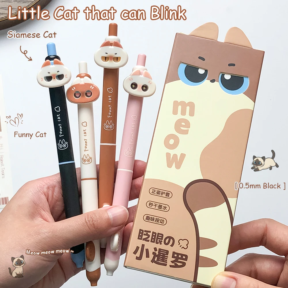 

4 Pack Fun Siamese Cat Gel Pens 0.5mm Cute Quick Dry Ergonomic Pens Creative Click Type Switchable Cat Expression Gel Pens