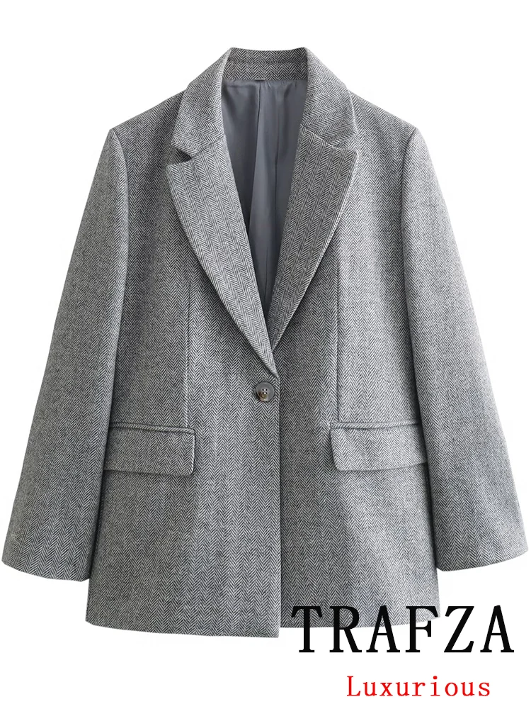 

TRAFZA Vintage Chic Casual Women Blazer Solid Single Breasted V Neck Long Sleeve Pockets Blazer Fashion 2024 Office Lady Blazers