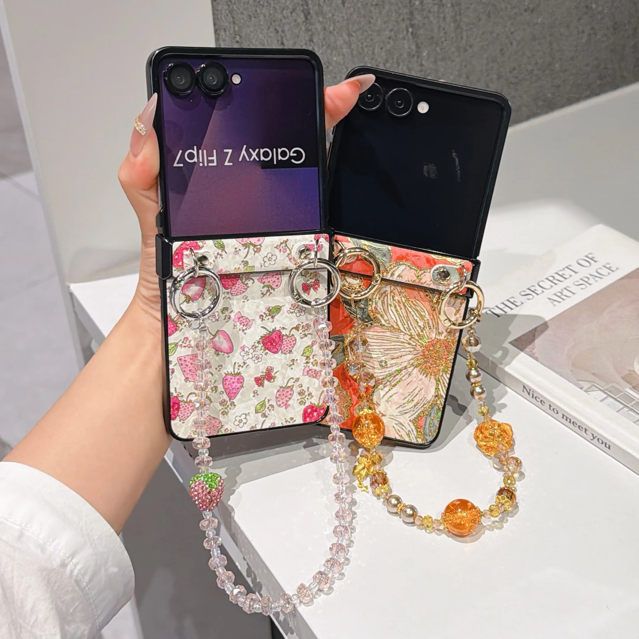 Hinge Protection PU Leather Cover & Colored Beads Wrist Chain Strap for Samsung Galaxy Z Flip 7 FE 6 5 4 3 Phone Case view 2