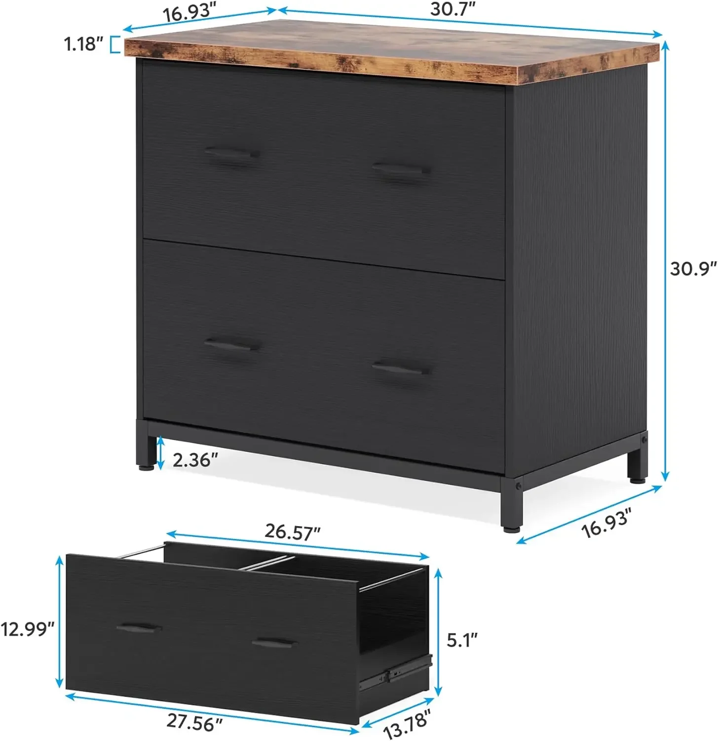 Schedario a 2 cassetti, schedario laterale in legno, schedario Home Office per A4, formato lettera