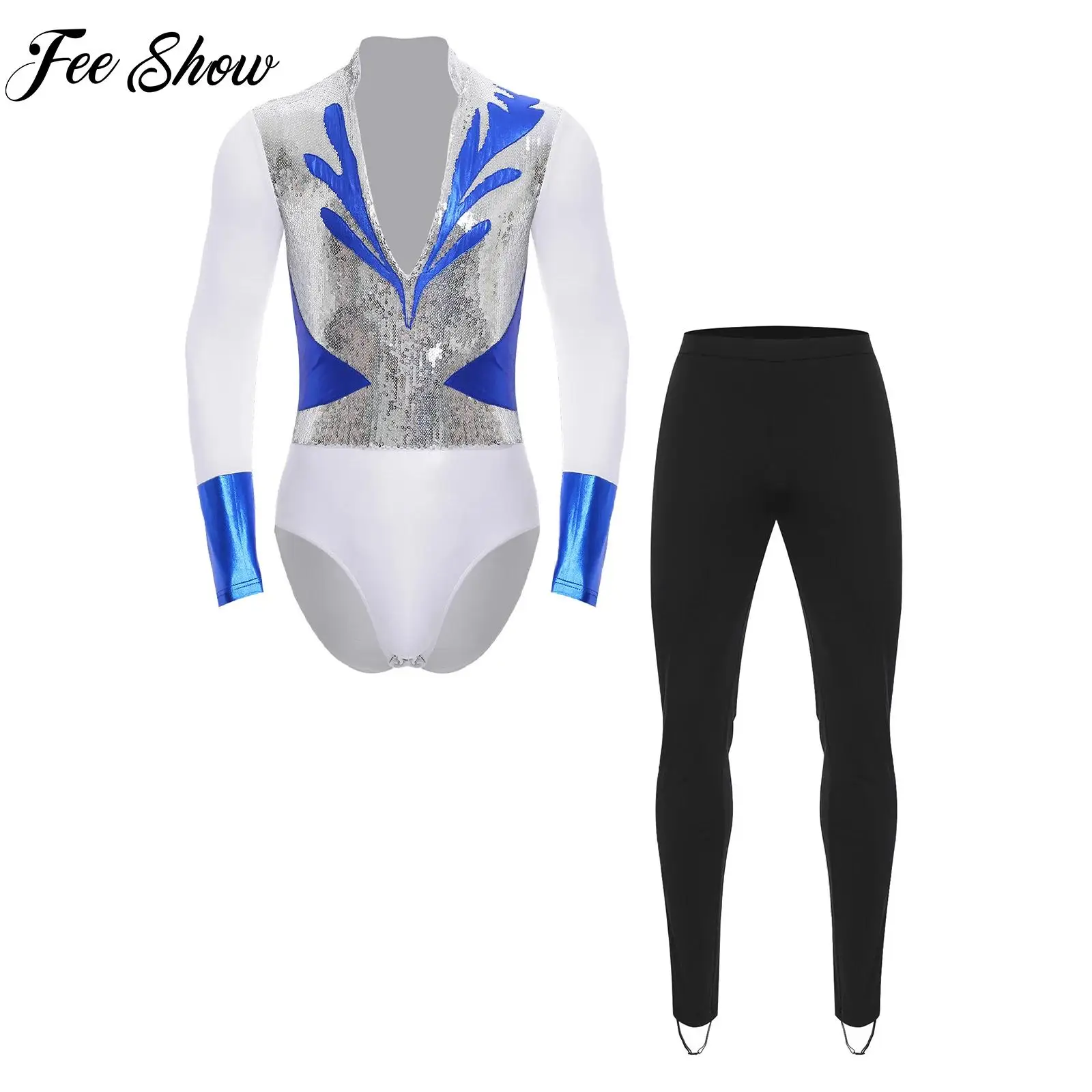 

Mens Figure Skating Outfit Sequin Metallic Shiny Long Sleeve Bodysuit+Pants Set Performance Dancing Ballet Latin Dance Clothes