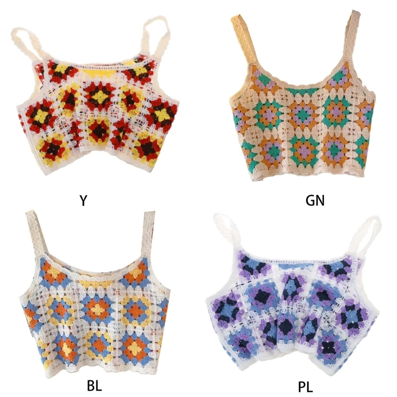 Knit Short Crop for Tank Top Women Summer Ethnic Hollow Out Crochet Contrast Color Floral Sleeveless Loose Vest Camisole image 4