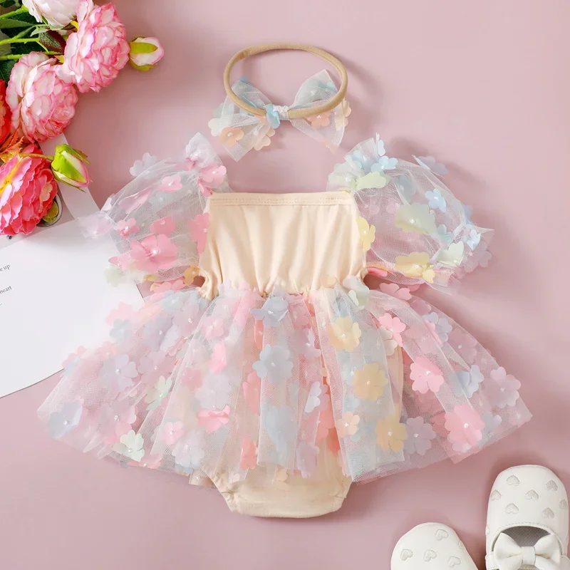 

Baby Girls Flower Embellished Rompers Dress Short Sleeve Mesh Skirt Hem Infant Bodysuits Summer Clothes with Headband