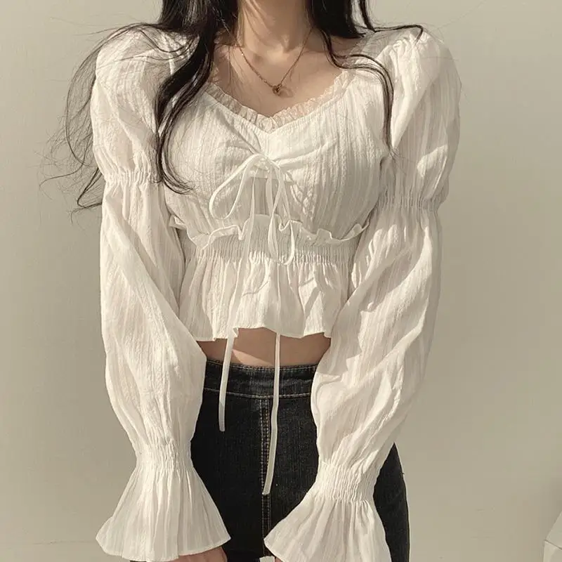 

Lace Shirts and Blouses Korea Square Collar Puff Long Sleeve Top Women 2024 Autumn Fashion Blouse Ruffles Solid Ladies Clothes