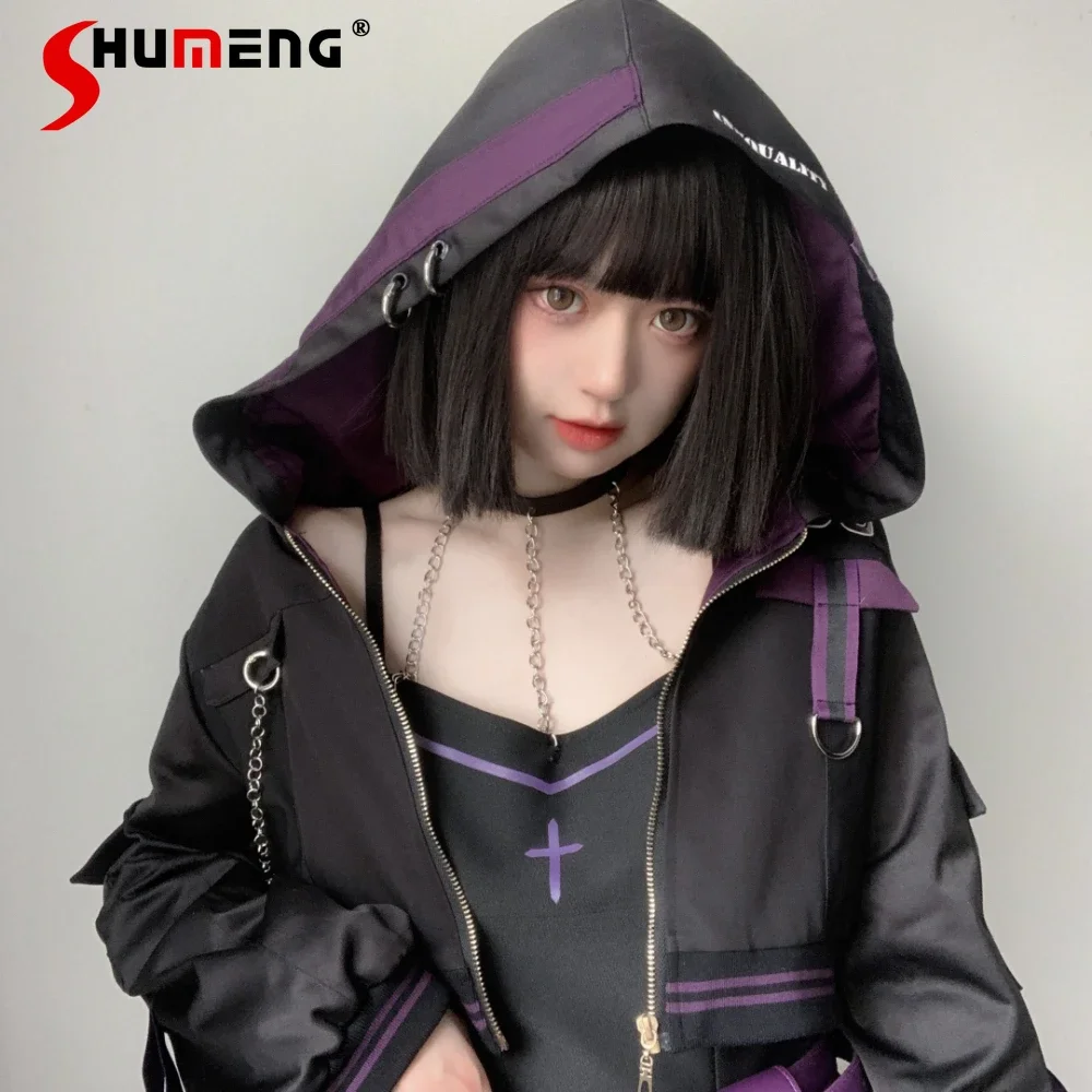 

Japanese Style Mechanical Girl Dress Suit Original Sweet Cool Long Sleeve Hooded Jacket for Women Short Sling Dresses 2 Pieces