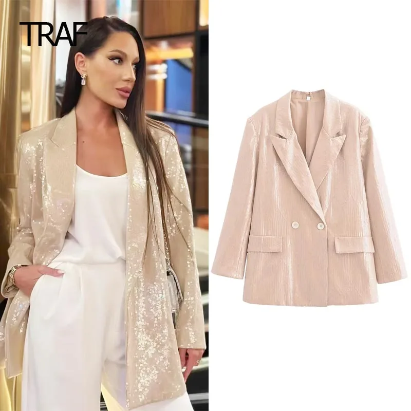 TRAF sequins casual coat women's blazer tailoring coat Spring Long Sleeves Top new in outerwears elegant luxury designer coats