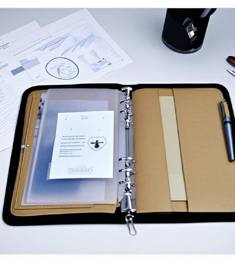 Makeasy Leder-Organizer, A6, Reißverschluss, Ordner, Portfolio-Ordner, 6 Ringe, lose Blätter, Notizbuchhülle, Tasche, Taschenrechner, Aufbewahrung, Druckverschlussbeutel