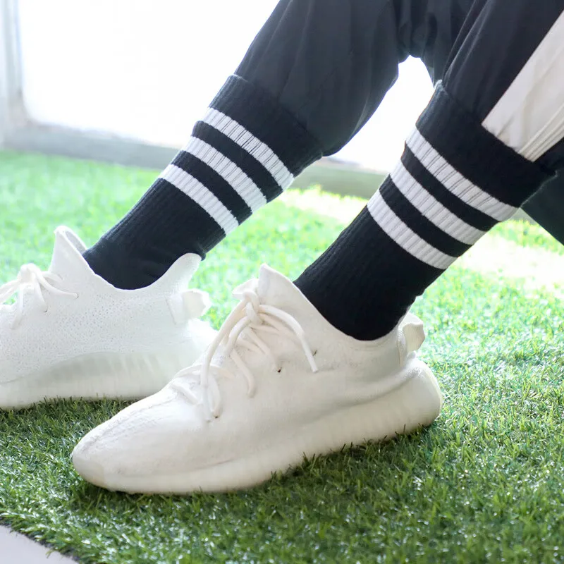 

Adidas Sports Series Black Mid-Calf Socks Three White Stripes Design Breathable Cotton For Running Training