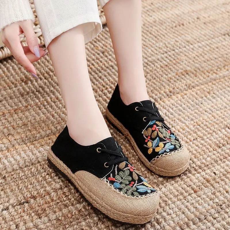 Veowalk Vegan Handmade Women Linen Canvas Espadrilles Sneakers Comfortable Lace Up Flat Embroidered Shoes Black Beige Grey