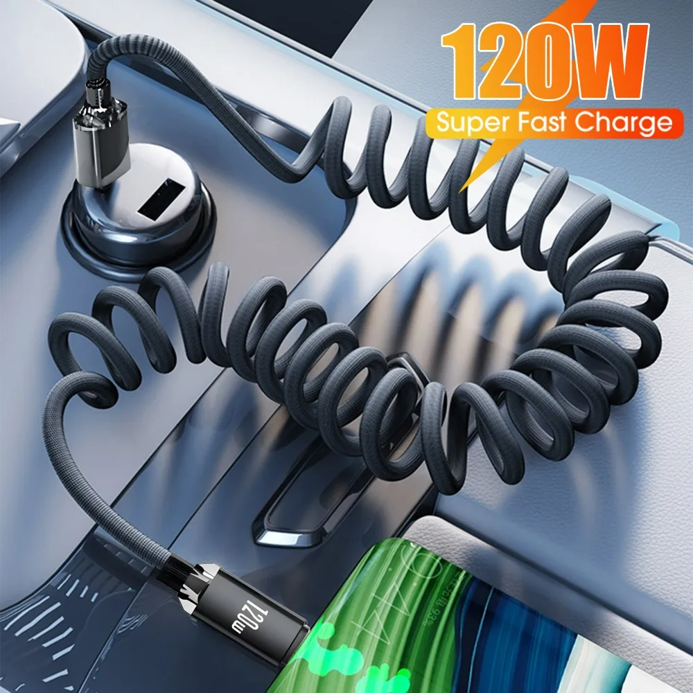 120 واط سيارة الربيع كابل بيانات قابل للسحب USB C إلى نوع C كابل شحن سريع آيفون 17 16 15 سامسونج المزدوج نوع C كابل 1 متر 2 متر