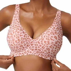Soutien-gorge sans armatures pour femme, imprimé léopard rose, sans coutures, bonnet complet, doux, fin, avec maintien, respirant, décolleté en V profond, effet push-up