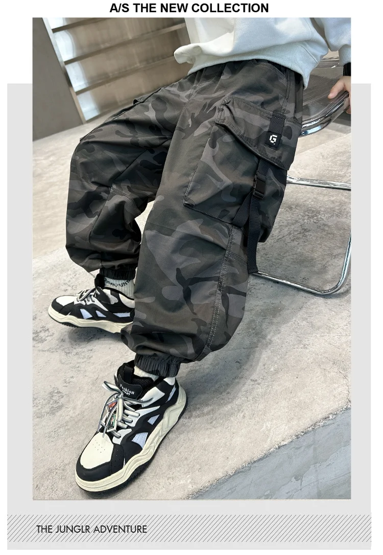 Neu eingetroffen: Camouflage-Cargohosen für Jungen, lockere Sport-Haremshosen, lässige, preisgünstige Kinder-Baumwoll-Camo-Hosen – Detail 3
