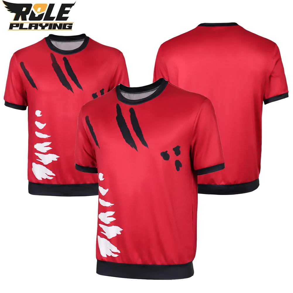 

Luffy Cosplay Men Fantasy Red T Shirt Costume Movie Navigation Roleplay Clothing Tops Male Adult Halloween Carnival Party Suit