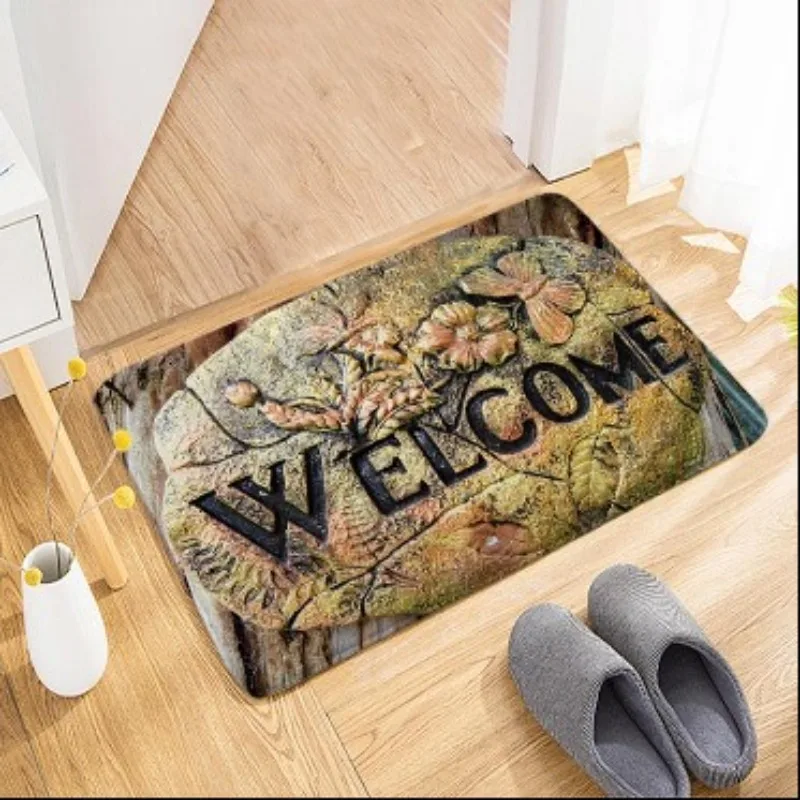 Rustic Stone Welcome Doormat Vintage Floral Carved Stone Pattern Non-Slip Entrance Rug Farmhouse Cottage Style Decorative Carpet