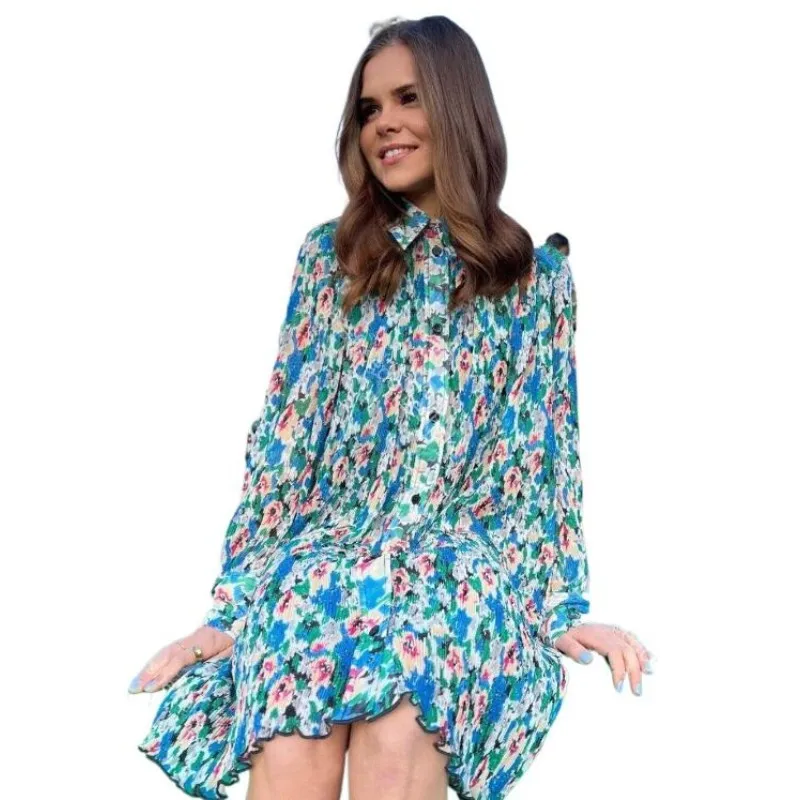 Camisa elegante francesa plisada vestido de manga larga nueva moda Primavera Verano 2023 vestido con estampado de flores azules vestido de fiesta S-3XL