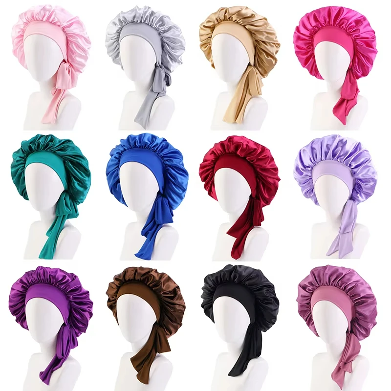 New Women Satin Solid Sleeping Hat Silky Bonnets With Tie Bands Elastic Shower Cap Adjustable Cap For Curly Hair Bonnets