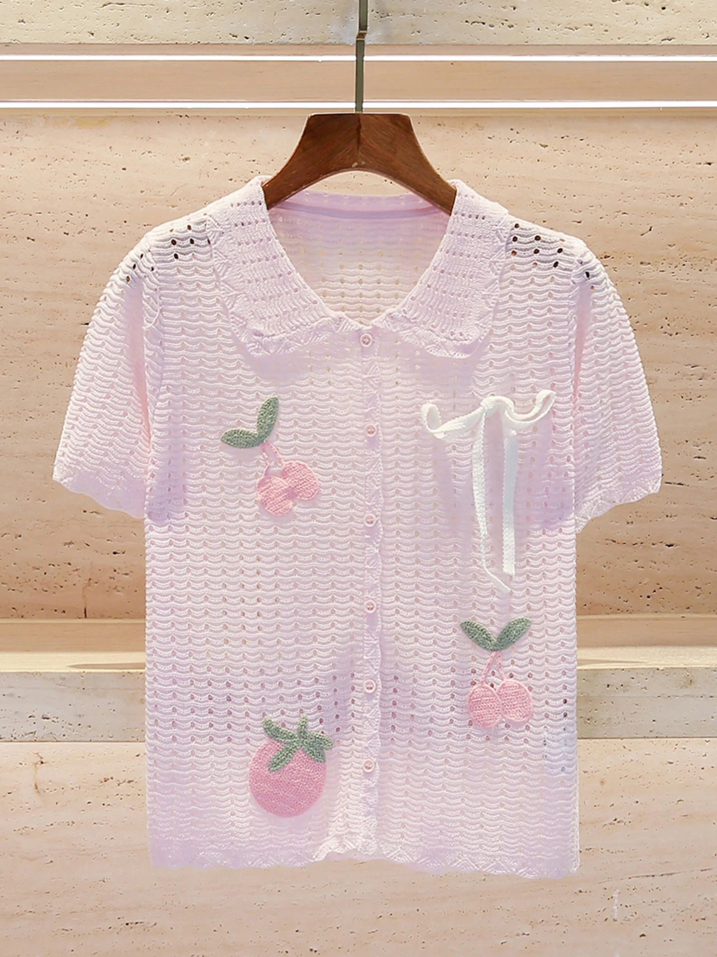 

Pink Short Knitted Cardigan Top Doll Collar Embroidered Casual Style Regular Fit Soft Medium Spring Summer Women's Fashion