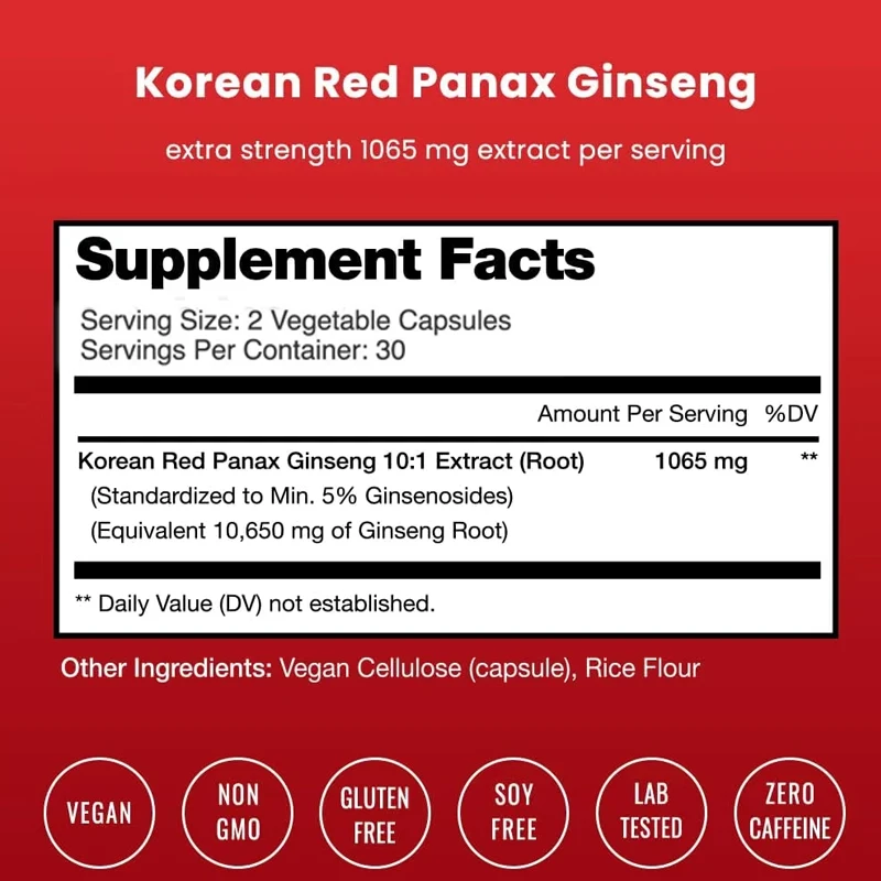 Koreanisches Nahrungsergänzungsmittel aus rotem Ginseng, 1000 mg, 60 Kapseln, pflanzliche Kapseln, verstärkter Wurzelextrakt