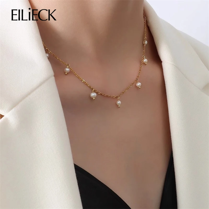 

EILIECK 316L Stainless Steel Pearl Charm Necklace For Women Girl New Trendy Neck Chain Gold Color Jewelry Gift Choker Collar