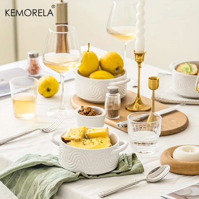 

1/2PCS White Ceramic Bowls French Onion Ceramic Soup Bowls With Handles Embossed Serving Bowls Salad Bowls For Chili Or Salad