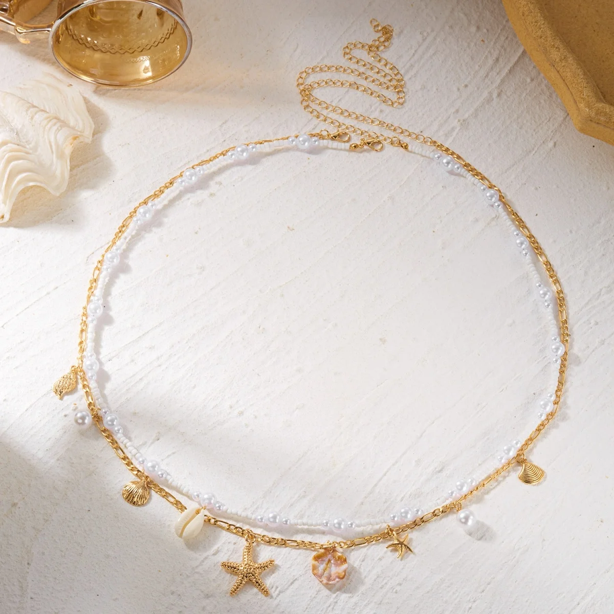 Bohemia Doppellagige Seestern-Muschel-Blütenblatt-Taillenkette für Damen und Herren, Sommer-Strand-Kette mit Imitationsperlen, Bauchkette, Körperschmuck – Detail 15
