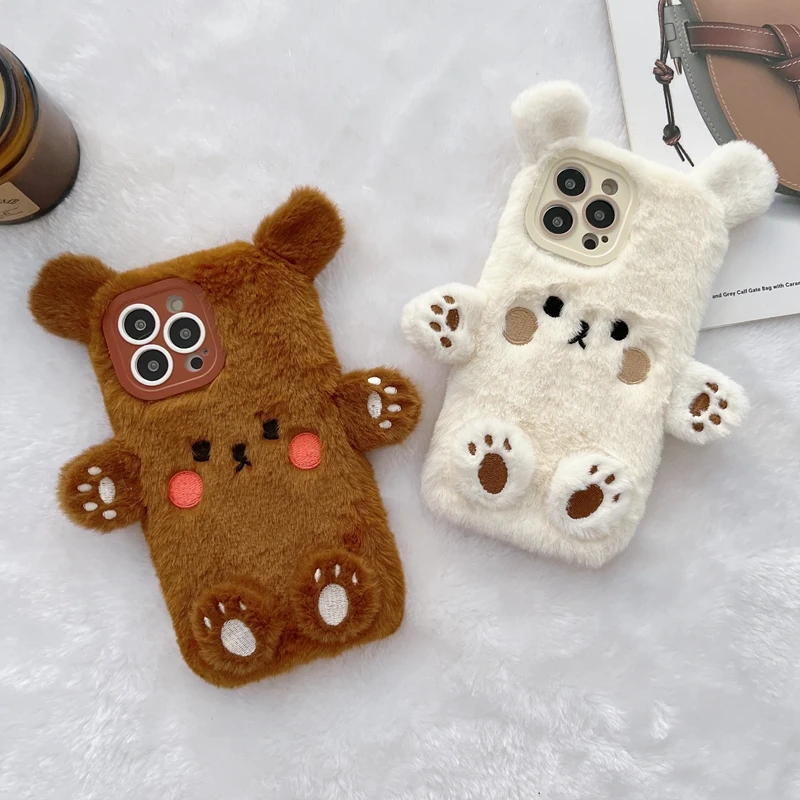 

For OPPO F19 F17 Pro A16 A94 A74 A54 A94 A55 A93 A16S A15 A35 A53 A73 A72 Cute White Bear Brown Bear Ears Case Plush Back Cover