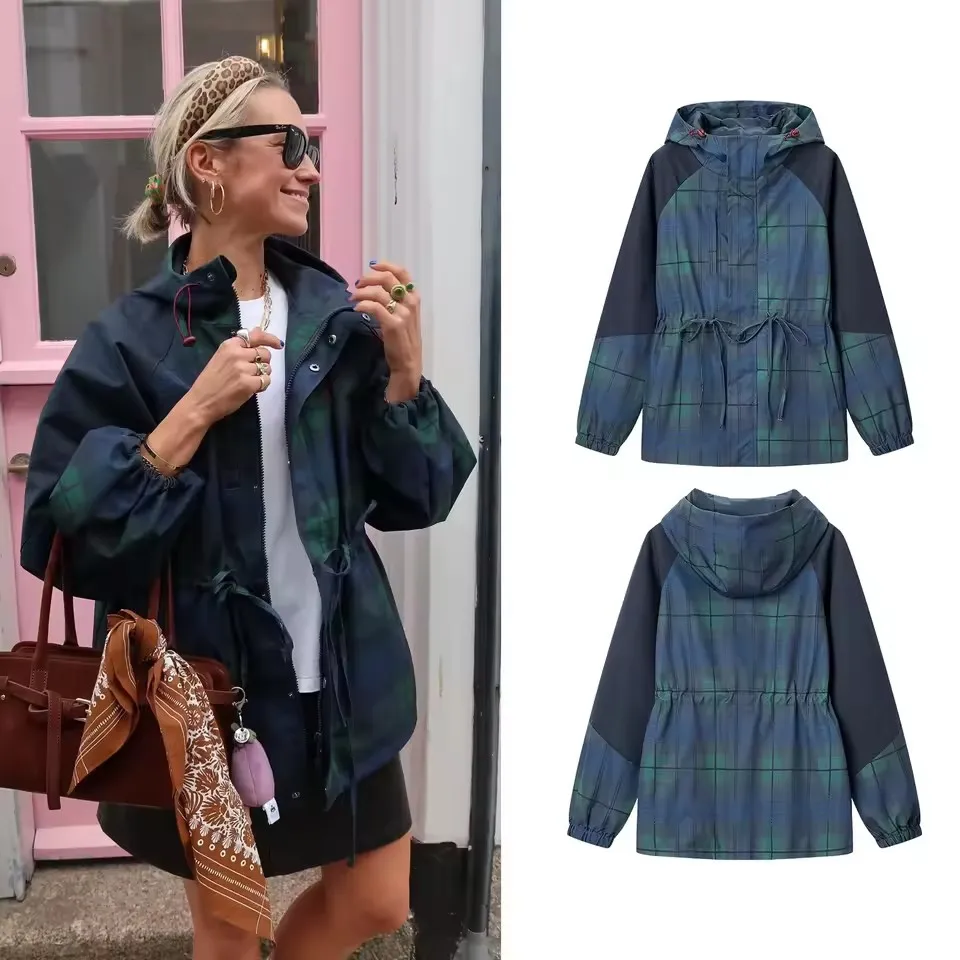 Oversize Loose Hooded Denim Shirt Jacket Women Long Sleeve Coat Contrast Color Drawstring Waist Hooded Plaid Windbreaker Jacket