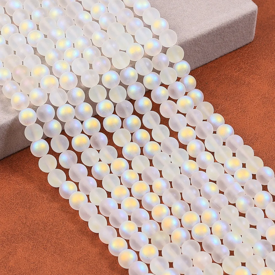 4 6 8 10mm Matte White Aurora Crystal Glass Beads Frosted Glitter Shining Mermaid Round Loose Spacer Beads Rainbow Holographic