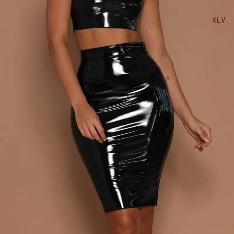 

Womens Glitter Wet Look Liquid Faux Leather Skirt High Waist Zipper Back Wrap Hip Short Pencil Skirts Party Clubwear