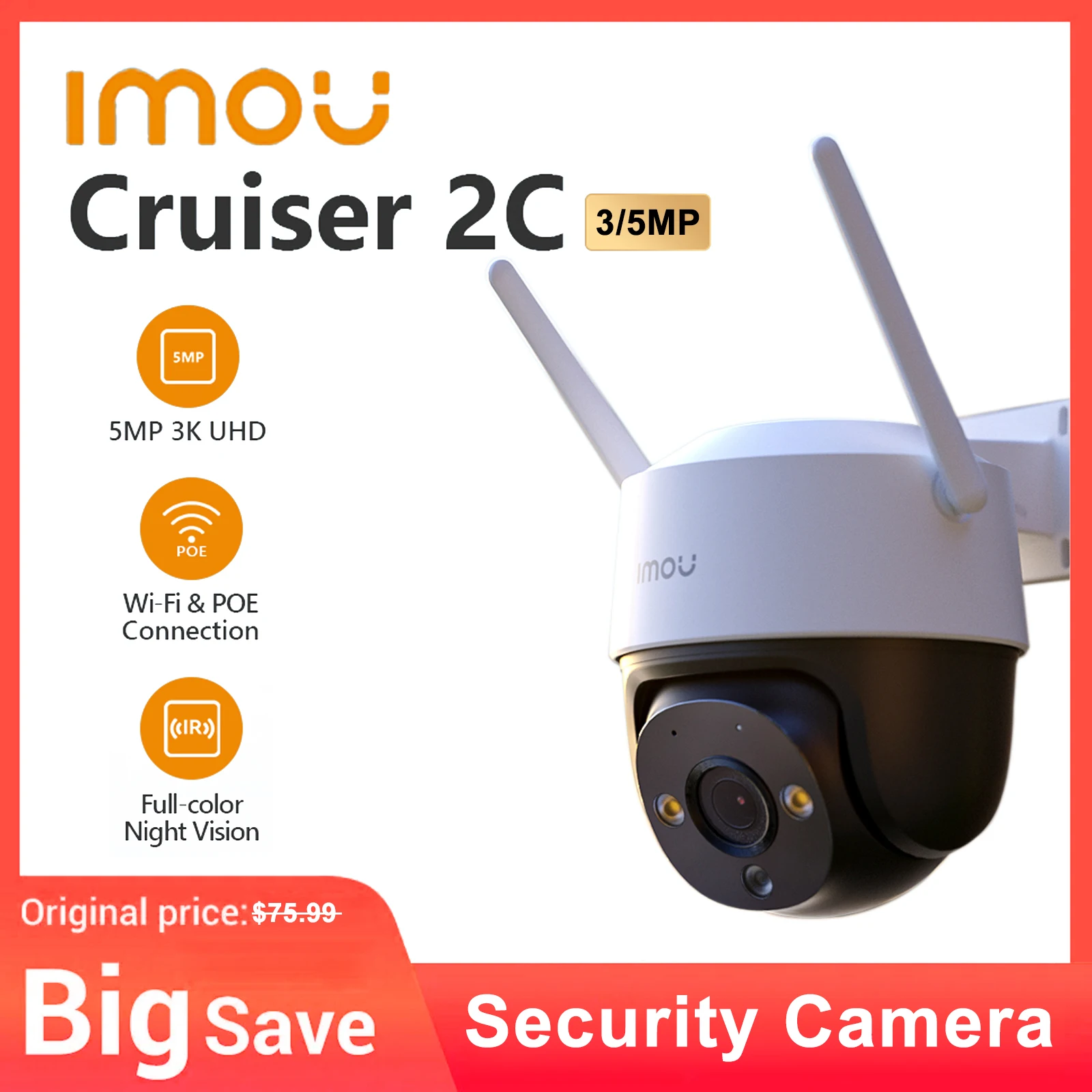 IMOU Cruiser 2C 3/5MP 3K 360º Wifi 3.6mm Outdoor Security Protection AI Human Vehicle Detection Smart Night Vision Two Way Talk