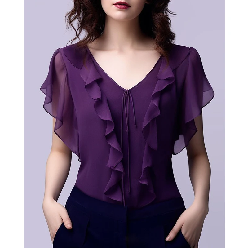 

Fashion Women Chiffon Blouse Shirt 2026 New Summer Clothing V-neck Short Sleeved Ruffles Casual Tops
