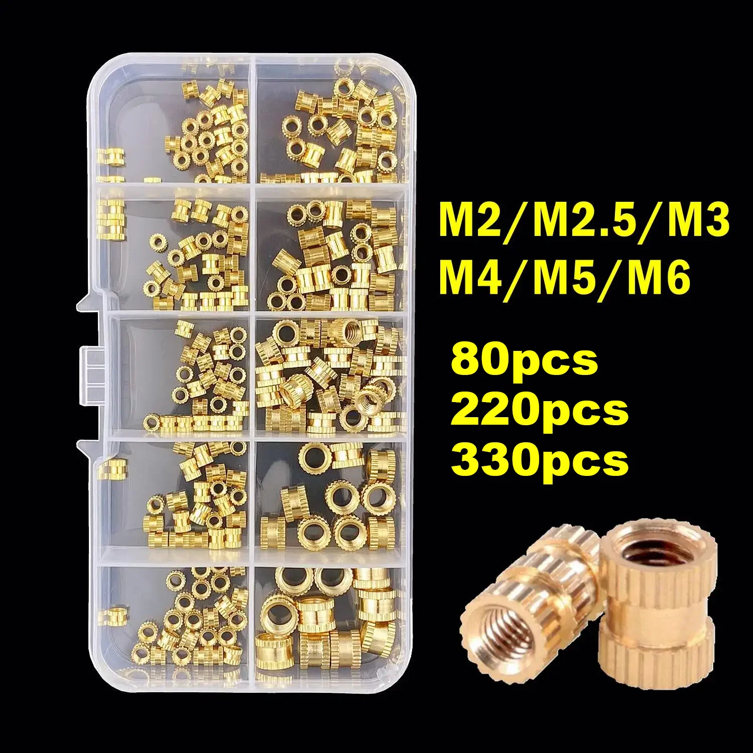 Image of M2 M2.5 M3 M4 M5 M6 Messing-Einpressmuttern, Heißschmelz-Einpressmuttern, gerändelte Doppelgewinde-Einpressmuttern, 3D-Drucker-Zubehör