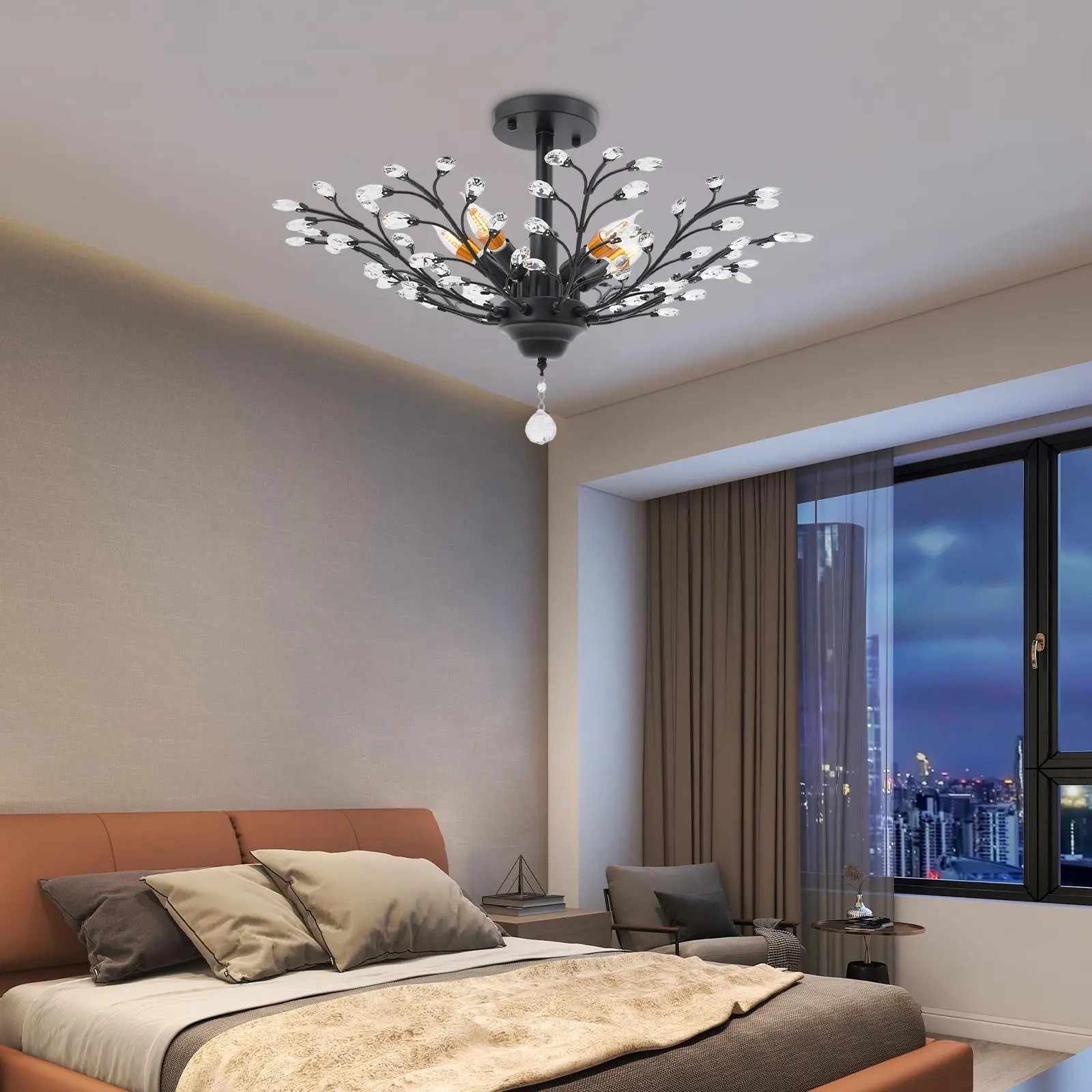 ضوء قلادة كريستال أسود، مصباح معلق فروع 5 * E12 مثبت على السقف 79 * 30 سم للصوفات وغرف المعيشة