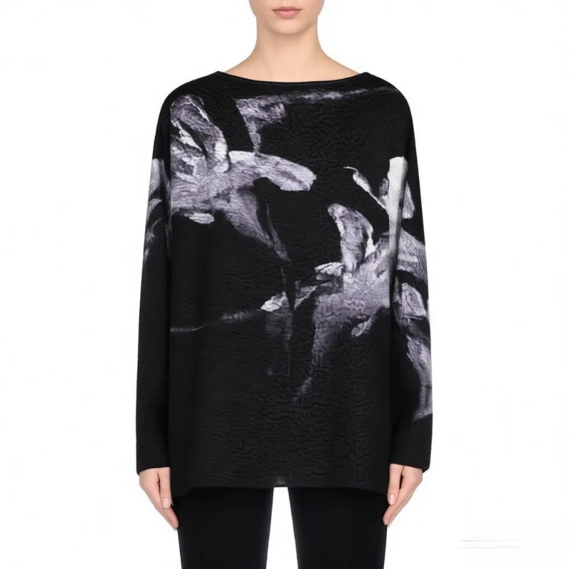 

Miyake Pleated T-shirt 2026 Retro Ink Floral Print Pleats T-shirt Spring New Bat Sleeve Round Neck Long Sleeve Loose Tops Women