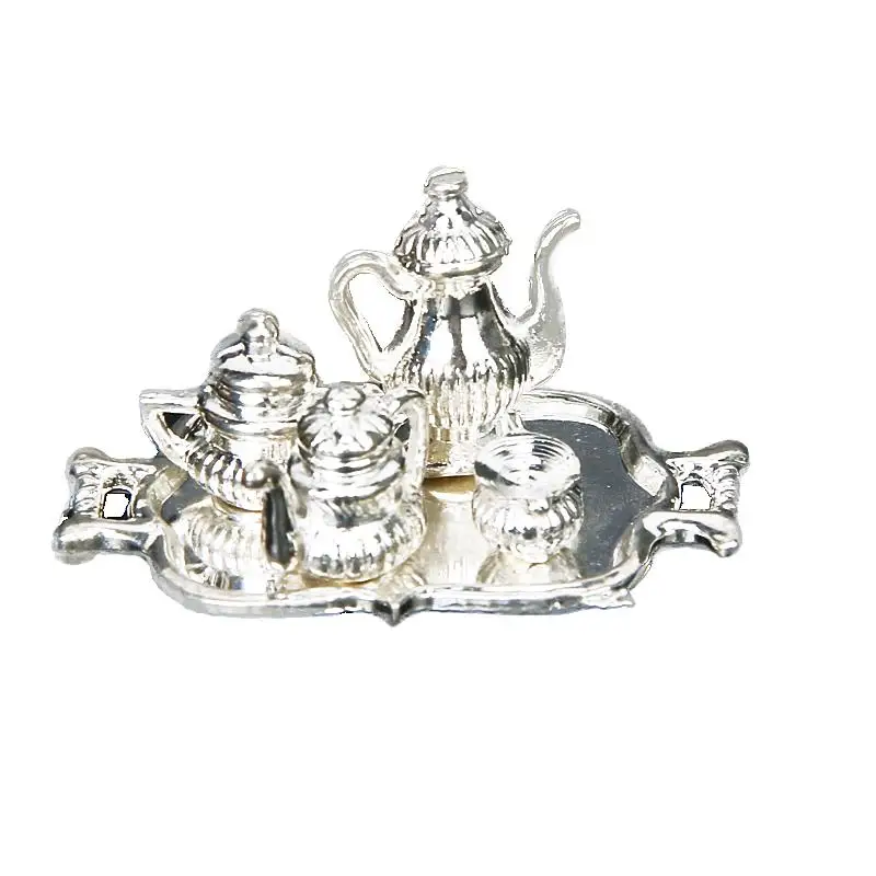 Dollhouse Miniatures Wine Set Silver Metal Tray Goblet Pots Furniture Toy Kitchen Accessory for Children’s Play