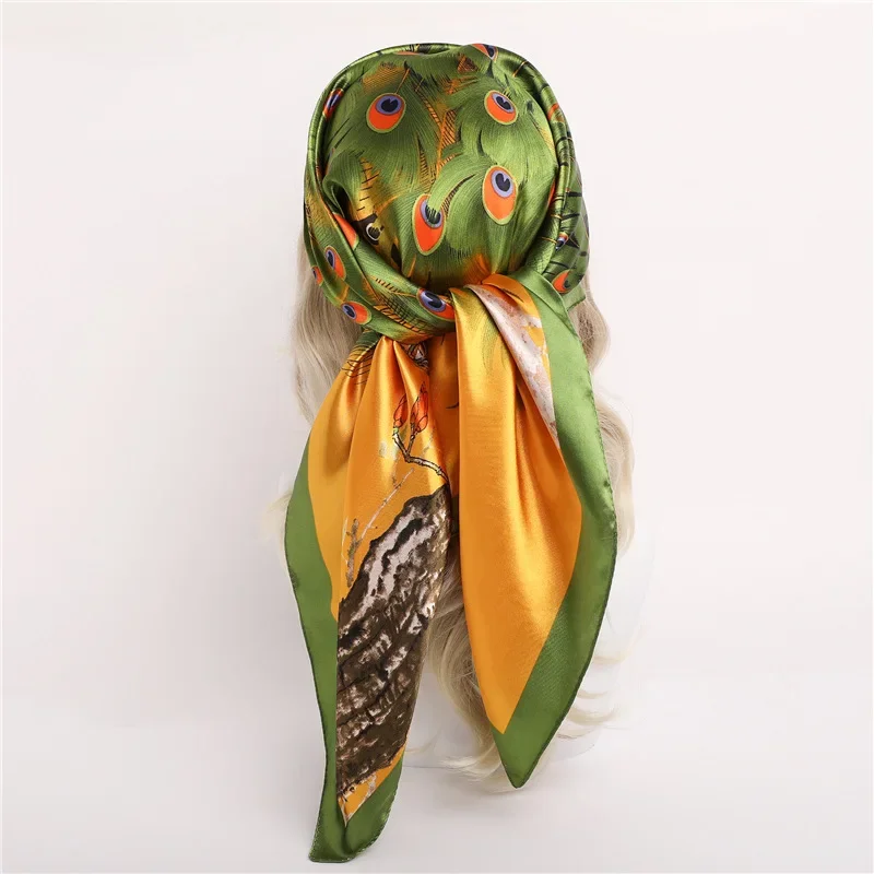 90*90cm lenços hijab moda feminina pavão padrão impressão cachecol feminino xales quadrados cabeça senhoras bandanna foulard silenciador menina
