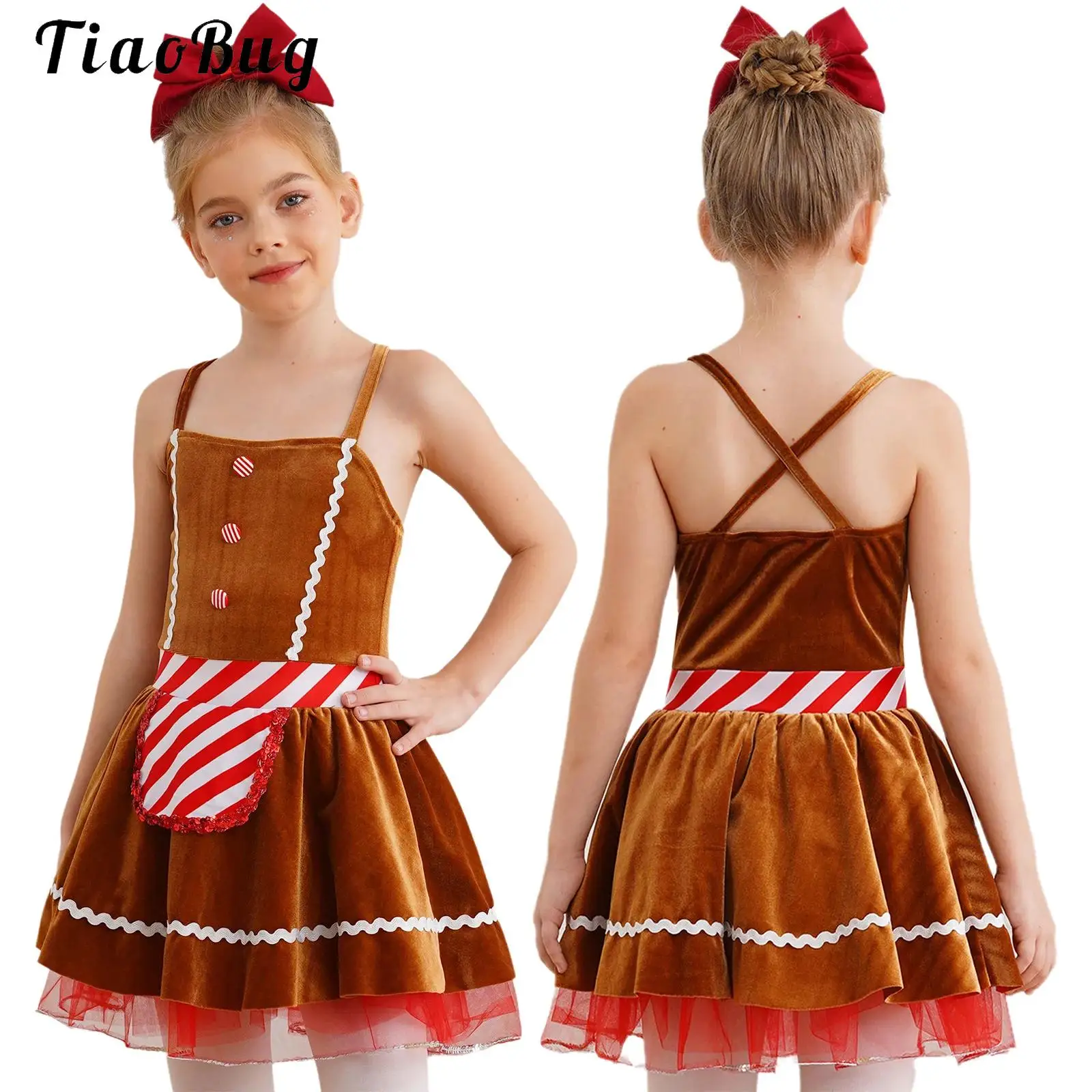 Christmas Gingerbread Dance Costume Girls Sleeveless Velvet Tutu Candy Cane Leotard Ballet Dance Dress for Halloween Performance