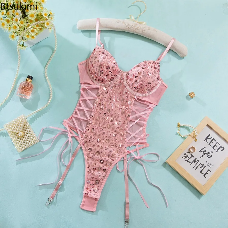 女性用ピンクのスパンコール付きランジェリーセクシーなジャンプスーツ、ヒップとウエストを引き上げるギャザー入りランジェリー、バタフライストラップ、シースルートップス